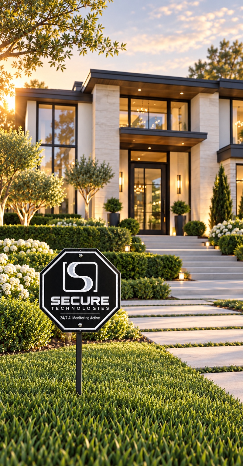 Secure Technologies 24/7 AI Monitoring Active yard sign in front of a luxury home