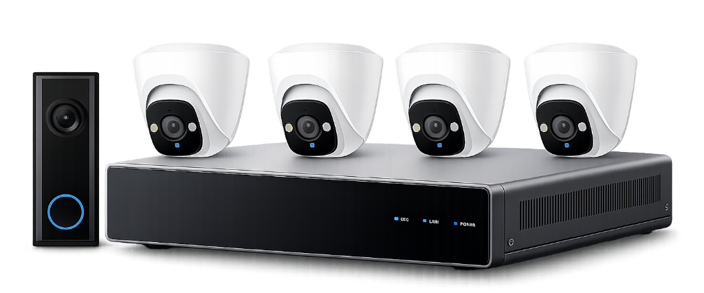 Skyline Premier recorder, outdoor cameras, and video doorbell